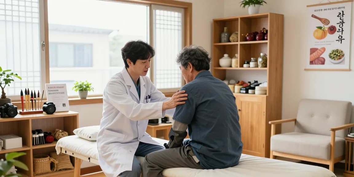 Compassionate treatment in a 수원교통사고한의원, highlighting the recovery of automobile accident patients in a soothing clinic environment.