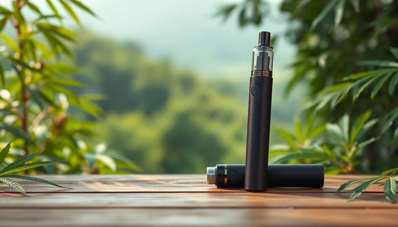 Shop thc vapes uk delivery featuring a sleek vape pen amidst serene greenery.