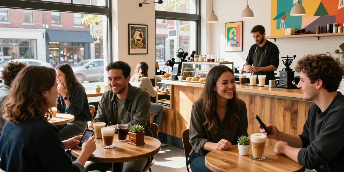Friends engaging over artisanal coffee at a vibrant urban cafe while discovering local shops through https://forumup.org/shop/search.php?ca_id=&addr1=&addr2=&addr3=&schKeyword= featuring cozy decor an