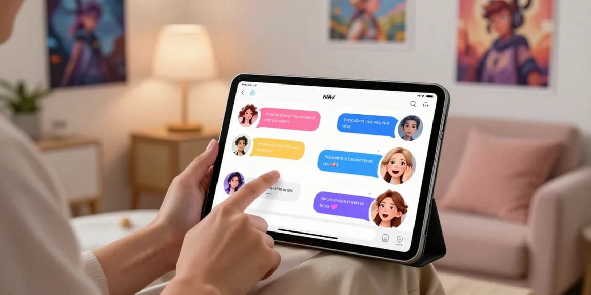 Engaging NSFW AI chat interaction on sleek tablet with animated characters.