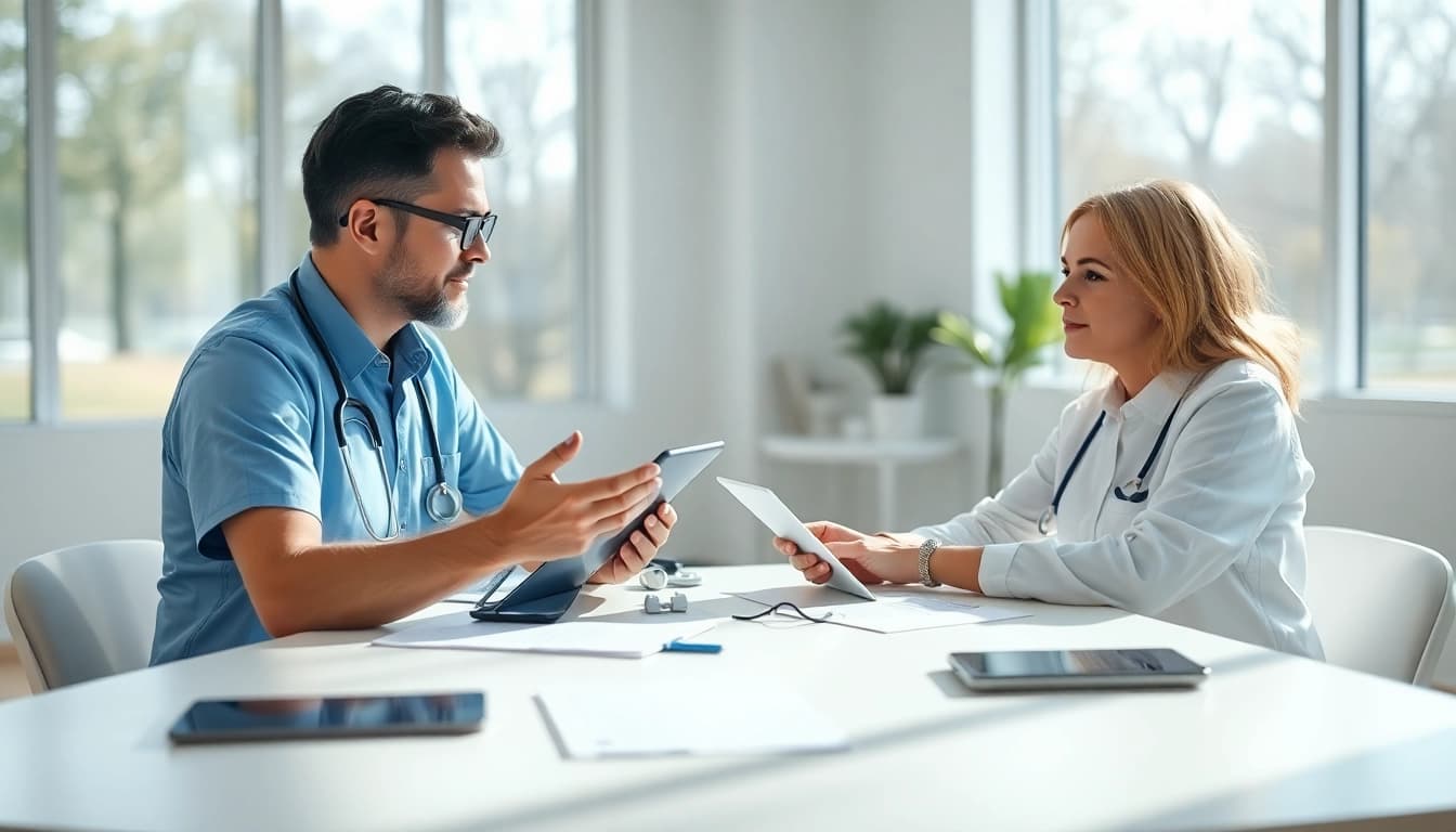 Patient reviewing Medical card online options with a healthcare provider in a professional setting.