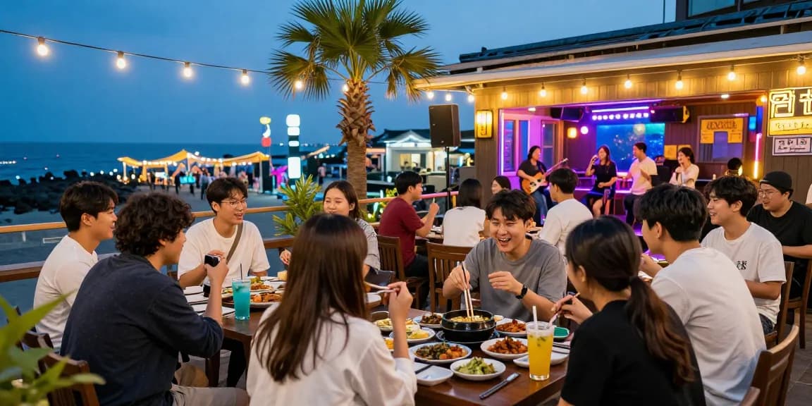Engaging 제주유흥 nightlife scene with friends enjoying karaoke and traditional drinks on Jeju Island.