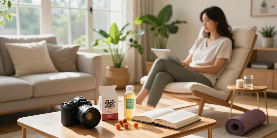 Stoner patch gummies alongside a CBD-infused drink in a cozy wellness space, emphasizing natural relief and self-care.