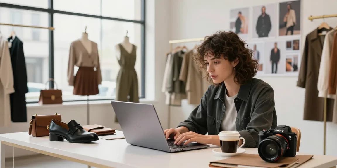Browsing stylish fashion items on a high-quality 레플리카 사이트 in a modern shopping studio.
