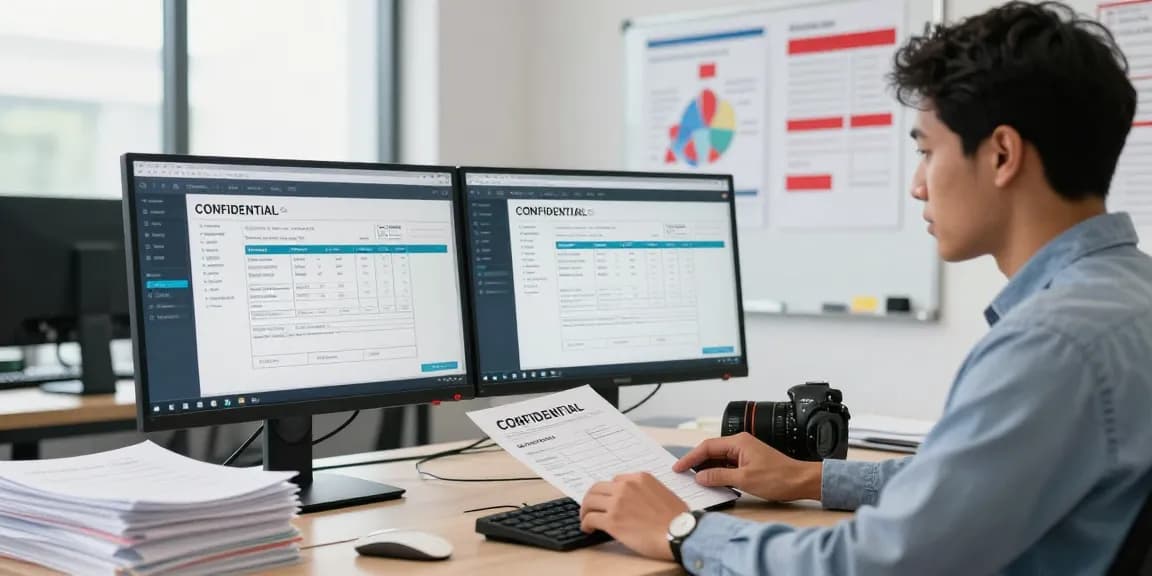 Analyst detects fake invoices using advanced AI technology in modern office.