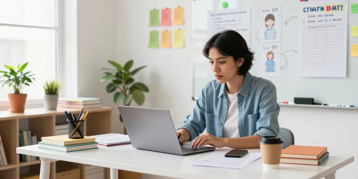 An online teacher planner in action: a teacher utilizing EMStudio in a bright, organized workspace to create lesson plans, manage classroom tasks, and enhance teaching efficiency.