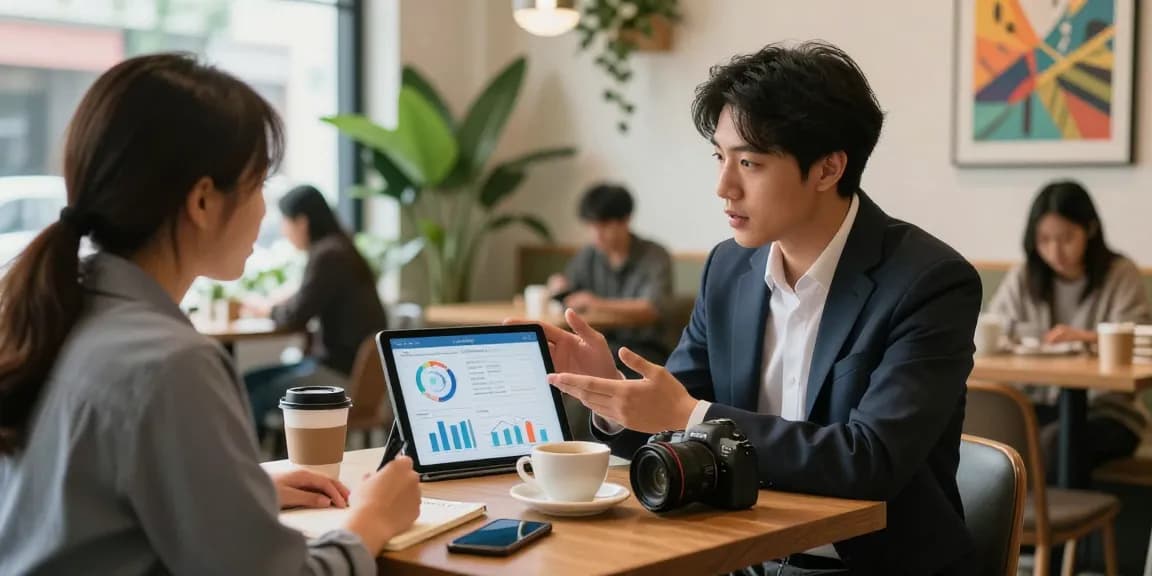Consultant demonstrating 소액결제현금화 options to a client in a vibrant café with data visualizations.