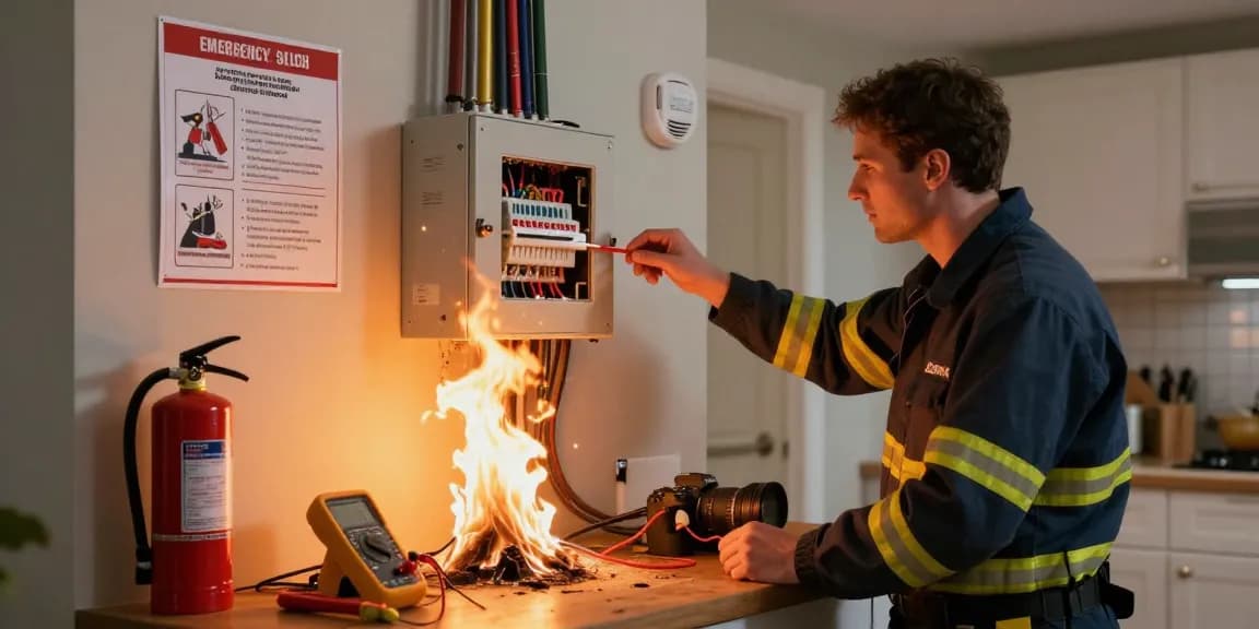 Emergency electrical support during a critical situation with an electrician assessing damage at home.