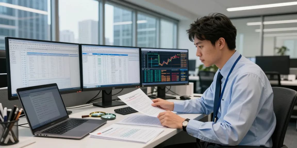Detailed asset tracing scene in a corporate office emphasizing financial analysis and forensic accounting.