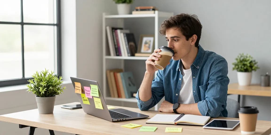 Youthful entrepreneur brainstorming in a bright home office about strategies for a "Want to make money online article."