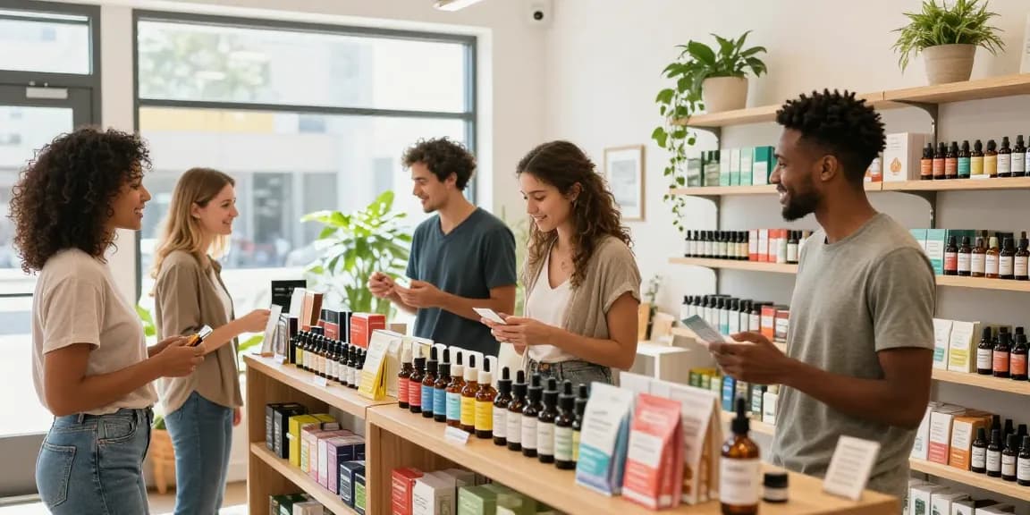 Buy CBD oil online in Canada at a welcoming store with diverse Canadians exploring various organic products.