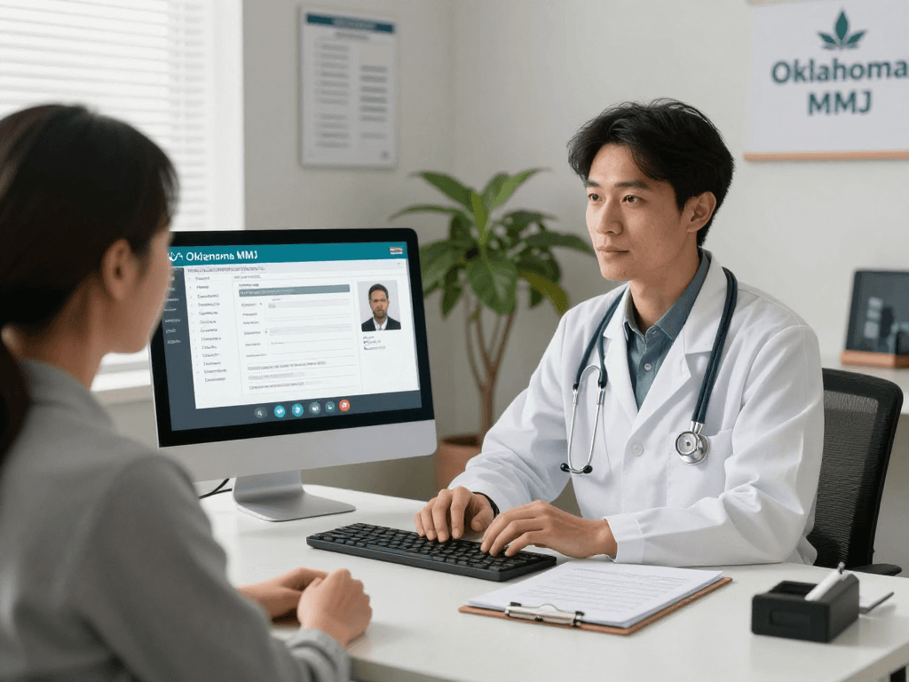 Consultation with an Oklahoma MMJ doctor during a telemedicine session, focusing on patient care and medical cannabis advice.