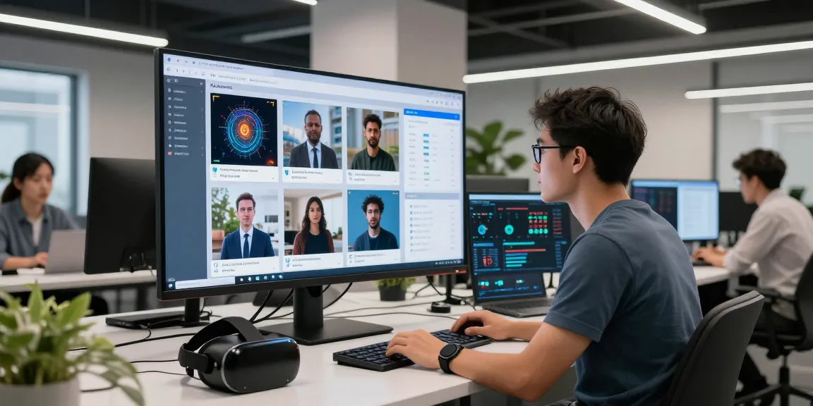 Data scientist using ai image checker tool in modern tech workspace.