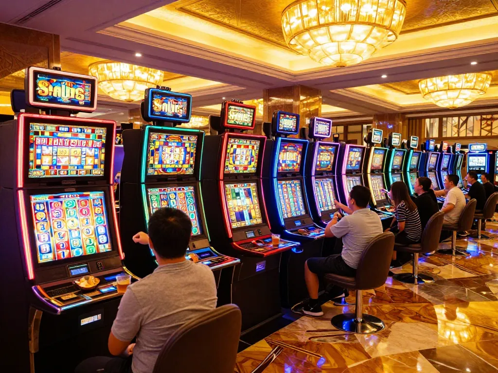 Players enjoying colorful slot machines at taisunwin casino, spinning reels in an exciting atmosphere.