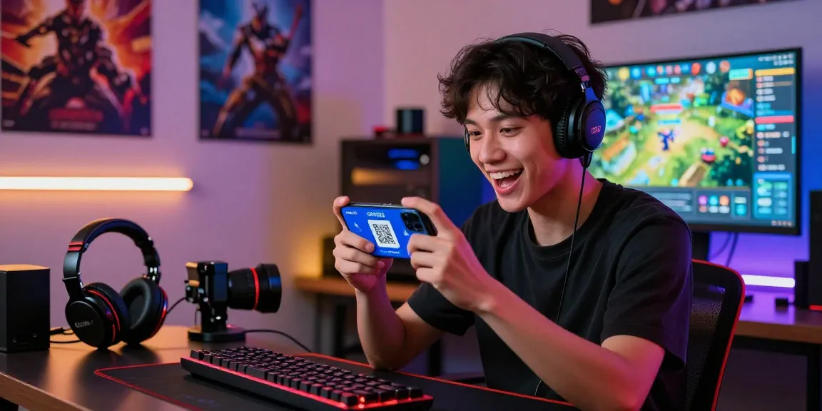 Proses topup akun game dengan QRIS gratis biaya admin di https://www.soilwindowtreatments.com/accessibility, menunjukkan antusiasme gamer muda dengan aksesori gaming di ruangan nyaman.