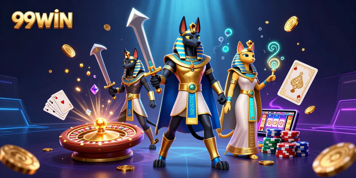 Win big with 99WIN's vibrant casino scene showcasing Anubis and Bastet amidst sparkling game elements.
