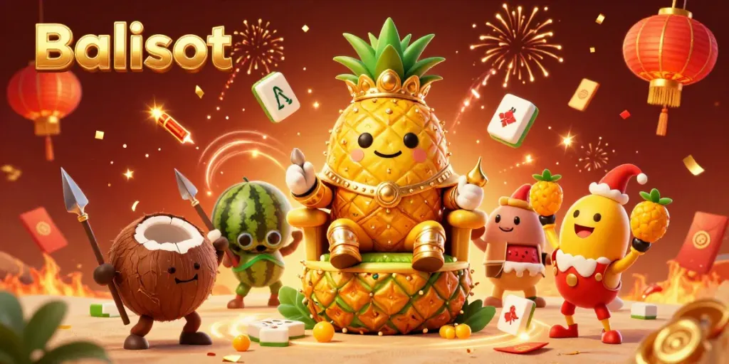 Experience Balislot's vibrant casino scene with a golden pineapple king celebrating wins.