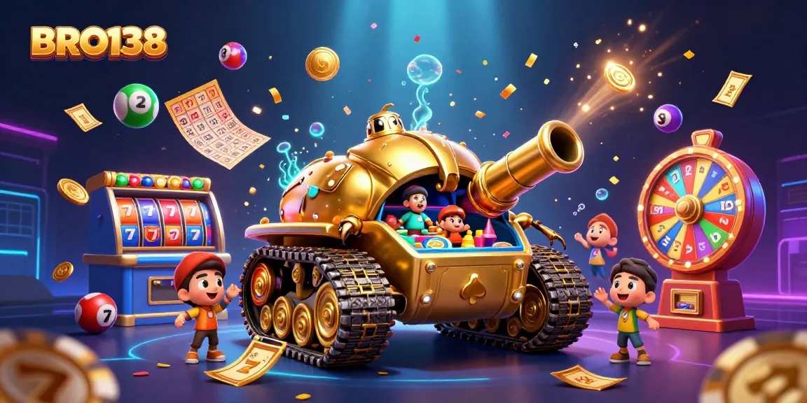 Engage in thrilling gameplay with BRO138's dynamic casino scene featuring vibrant slot reels and lottery balls.