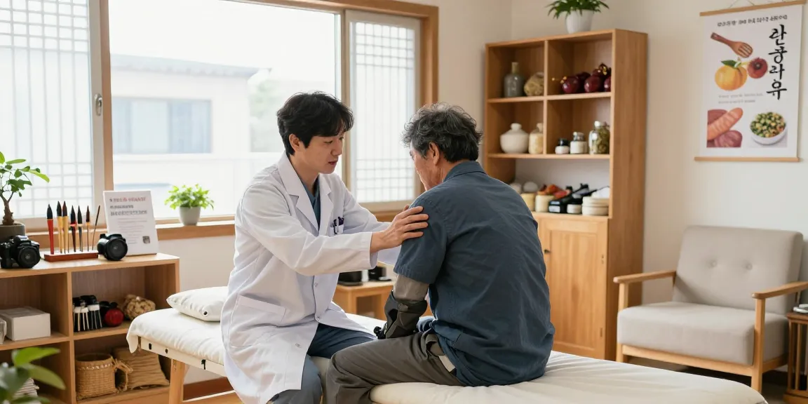 Compassionate treatment in a 수원교통사고한의원, highlighting the recovery of automobile accident patients in a soothing clinic environment.