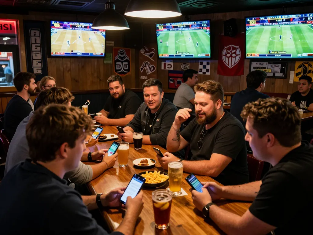 Exciting sports betting scene with patrons engaging via mobile app at bar featuring screens and drinks with S8