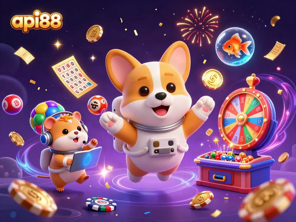 Play exciting games at api88, where a space-themed casino features whimsical characters and vibrant lottery elements.