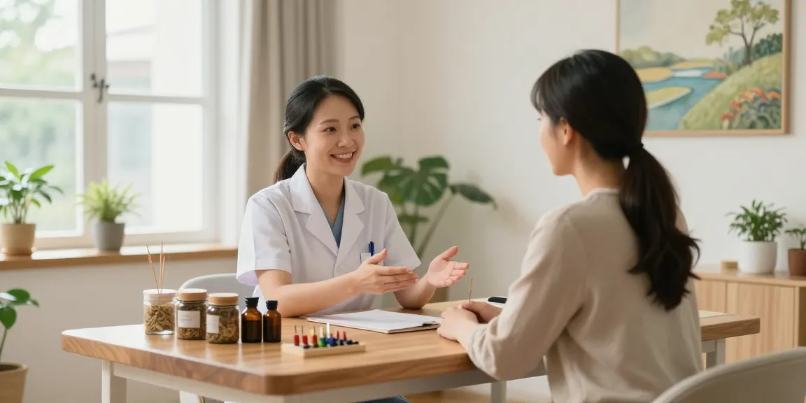 Consultation at 영통한의원 showcasing a welcoming atmosphere with an acupuncturist and patient.
