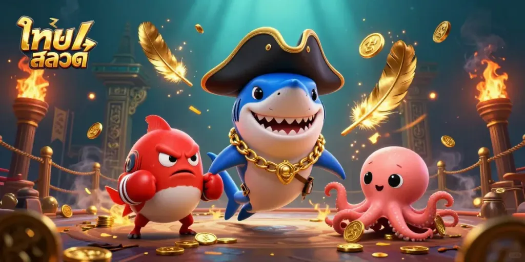 Play slots with ไทย สล็อต featuring a cartoon pirate shark, pufferfish, and octopus with coins.