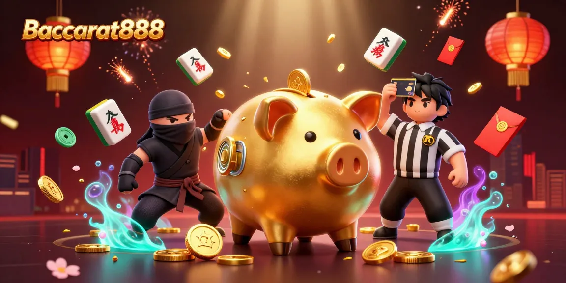 Baccarat888 showcases an exciting gaming scene with a golden piggy bank sumo wrestler amidst festive elements, perfect for gamblers.