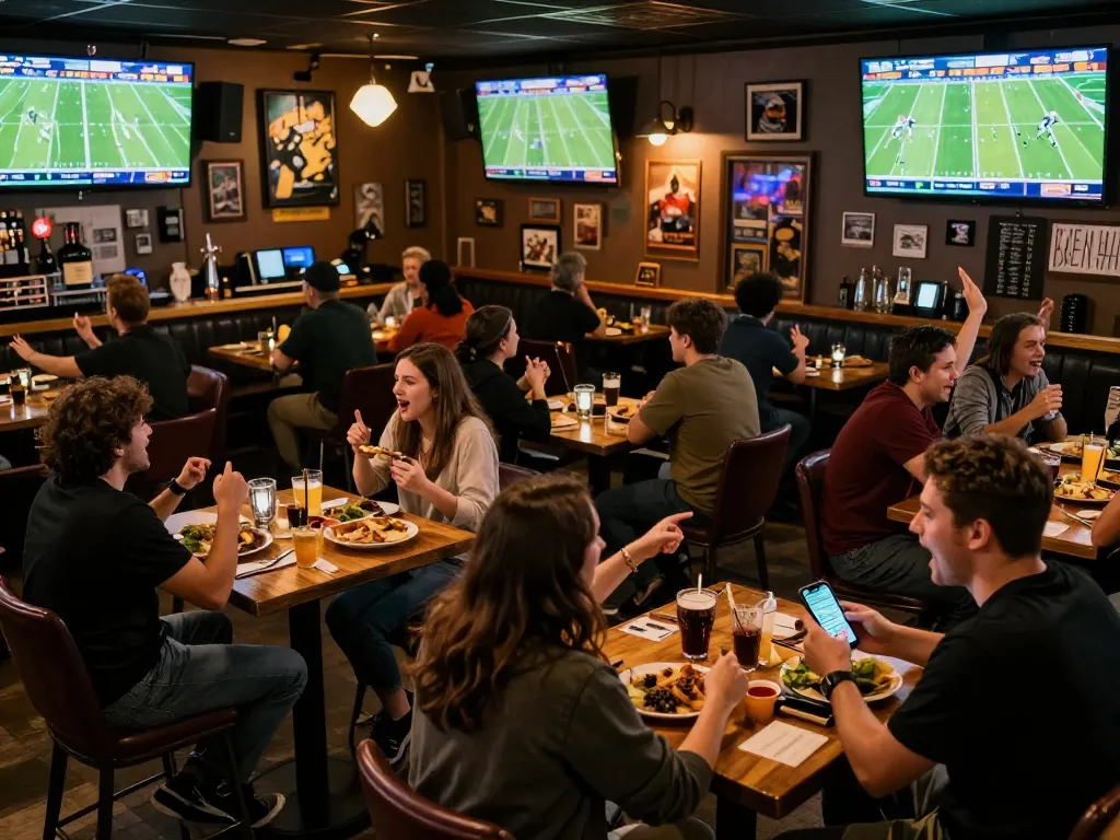 Fans engaged in sports betting while watching matches on screens, keo nha cai displayed prominently.