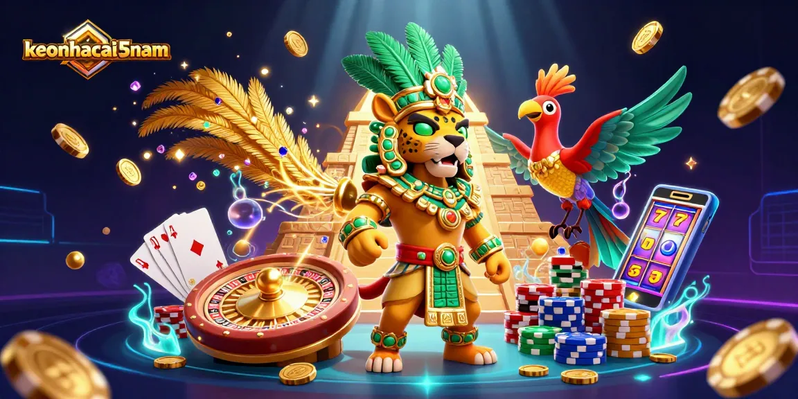 Engage with keonhacai5nam's thrilling casino scene featuring golden coins, roulette, and vibrant characters.