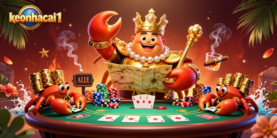 Engage in the excitement of keonhacai1 with a vibrant casino scene featuring a golden crab, poker elements, and rich textures.