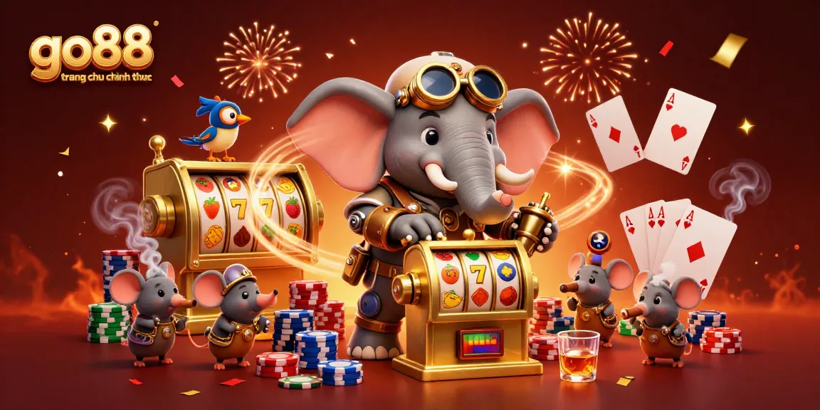 Experience thrilling slots at go88 trang chu chinh thuc with a steampunk elephant driving a golden slot machine.