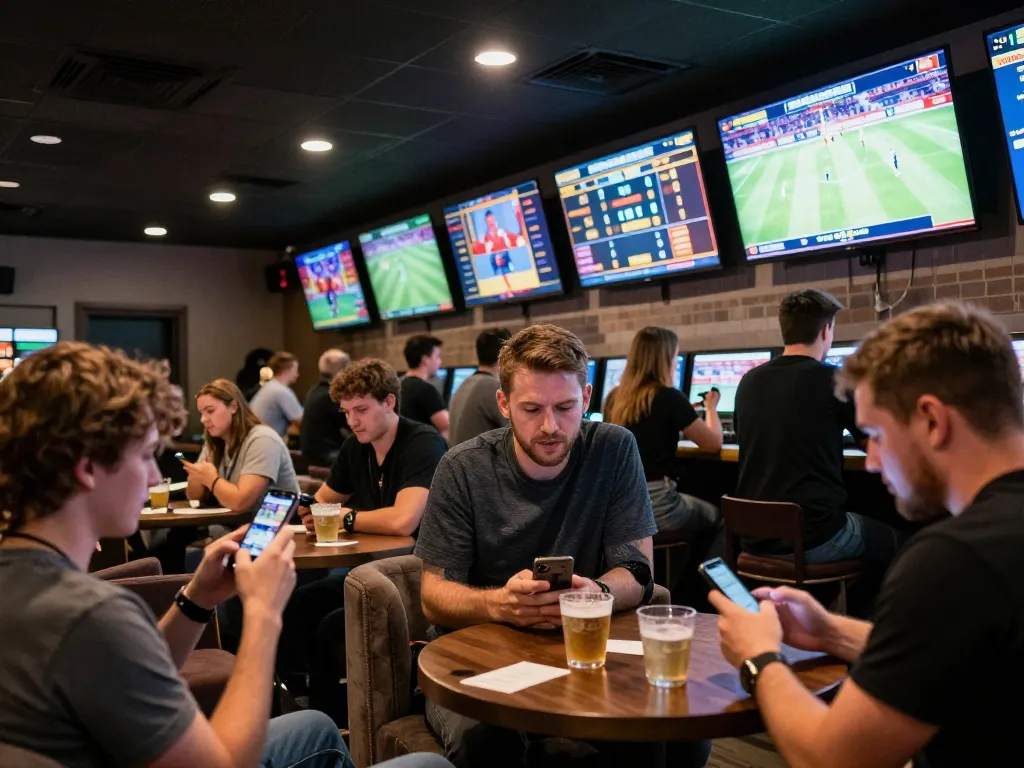 RR 88 bettors excitedly placing wagers in a vibrant sports betting lounge with multiple screens.