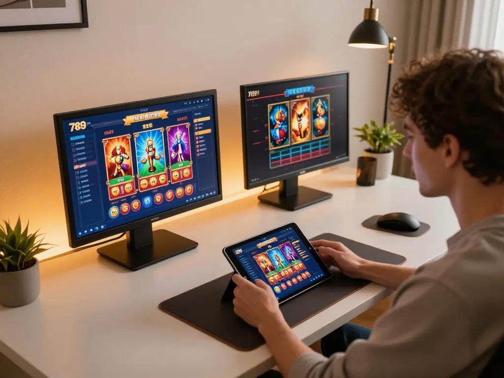 Experience dynamic gameplay on the 789 bet platform using a mobile tablet in a cozy gaming setup.