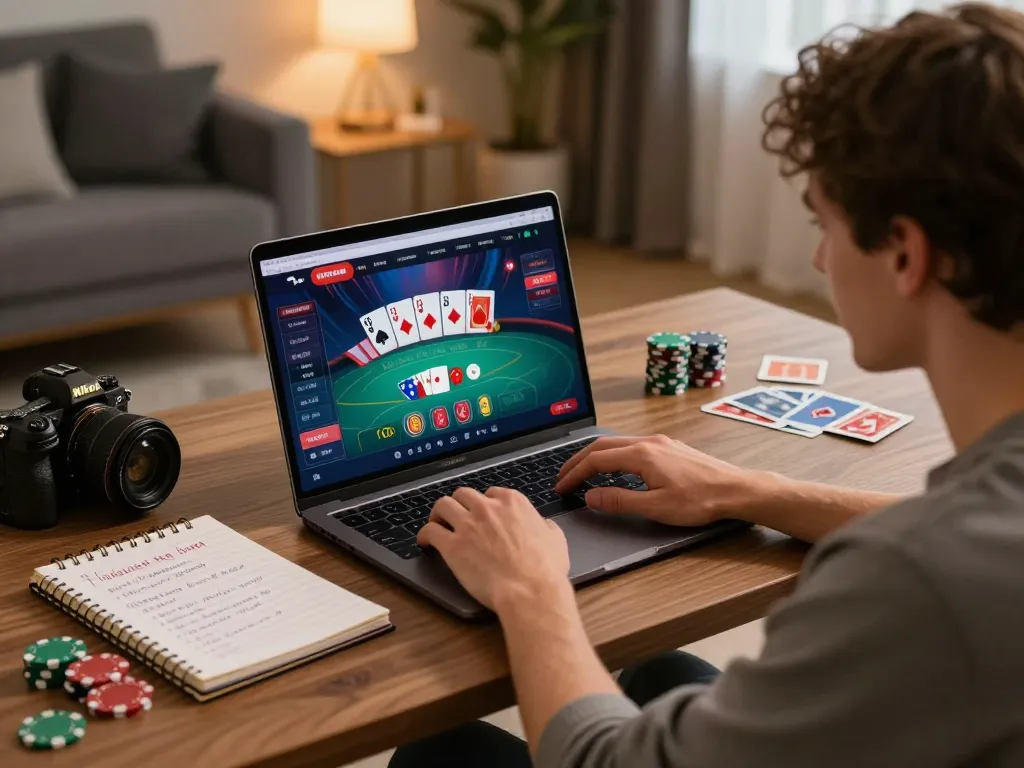 Engaged user plays online poker on rr88 credit site with strategic notes nearby.
