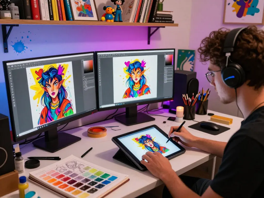 NSFW character design in a vibrant digital art studio with creative tools.