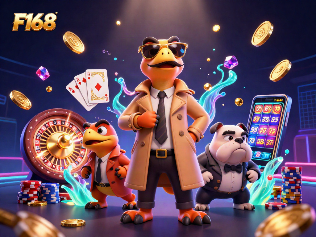Experience F168 action with raptors entering a VIP casino lounge, surrounded by vibrant game elements.