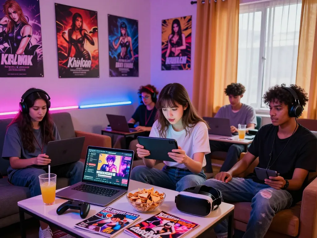 Group of friends enjoying sex games online in a cozy gaming lounge