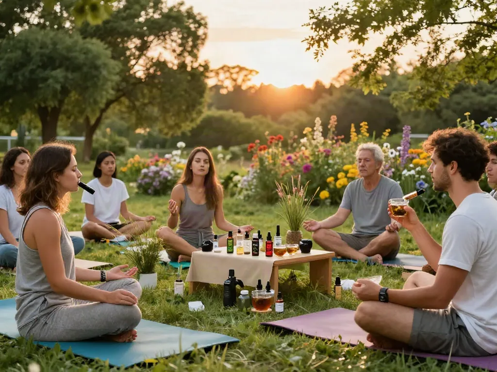 dope vapes displayed during a wellness retreat with CBD oils and a natural backdrop, promoting relaxation and mindfulness.