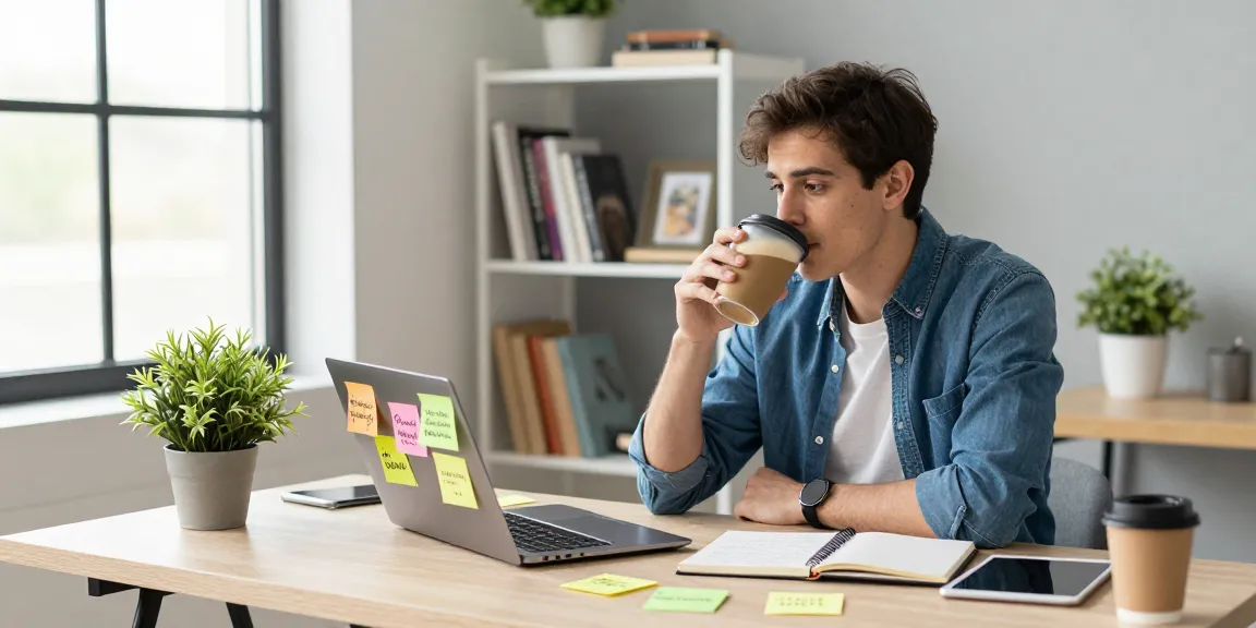 Youthful entrepreneur brainstorming in a bright home office about strategies for a "Want to make money online article."