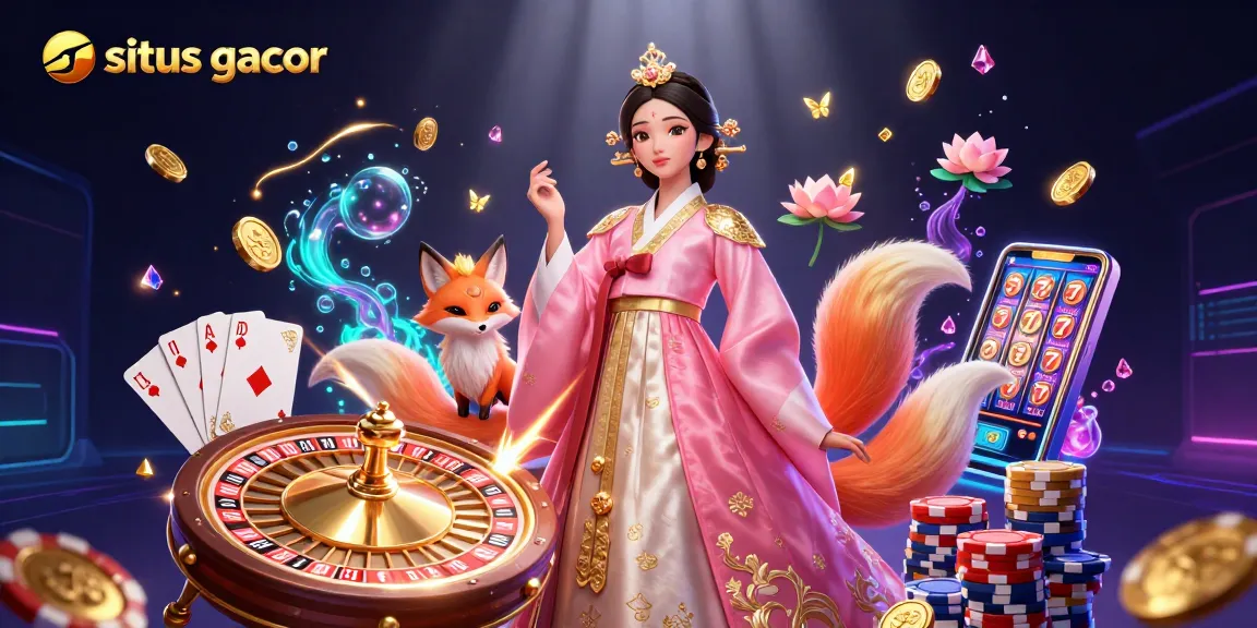 Engaging illustration of situs gacor scene featuring Asian woman, lucky fox, and vibrant casino elements.