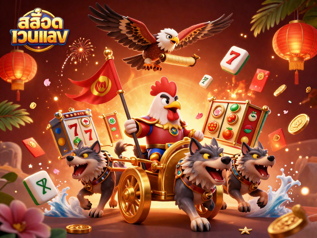 Win big at สล็อตเว็บตรง with engaging slot reels and dynamic gambling elements surrounding a cartoon rooster warlord in battle.