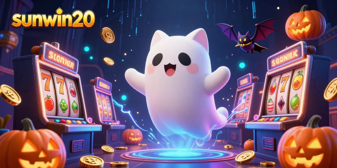 Experience the thrill of sunwin20 with a ghost cat in a haunted casino alongside glowing poker symbols.