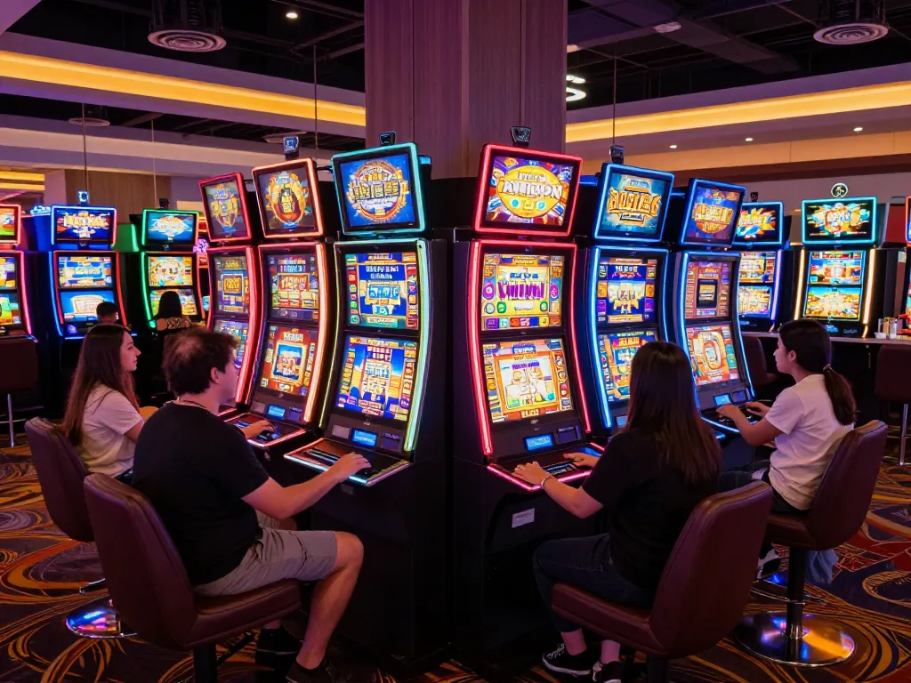 Engaged players enjoying a slot bonus 100 at a vibrant casino slot machine area.