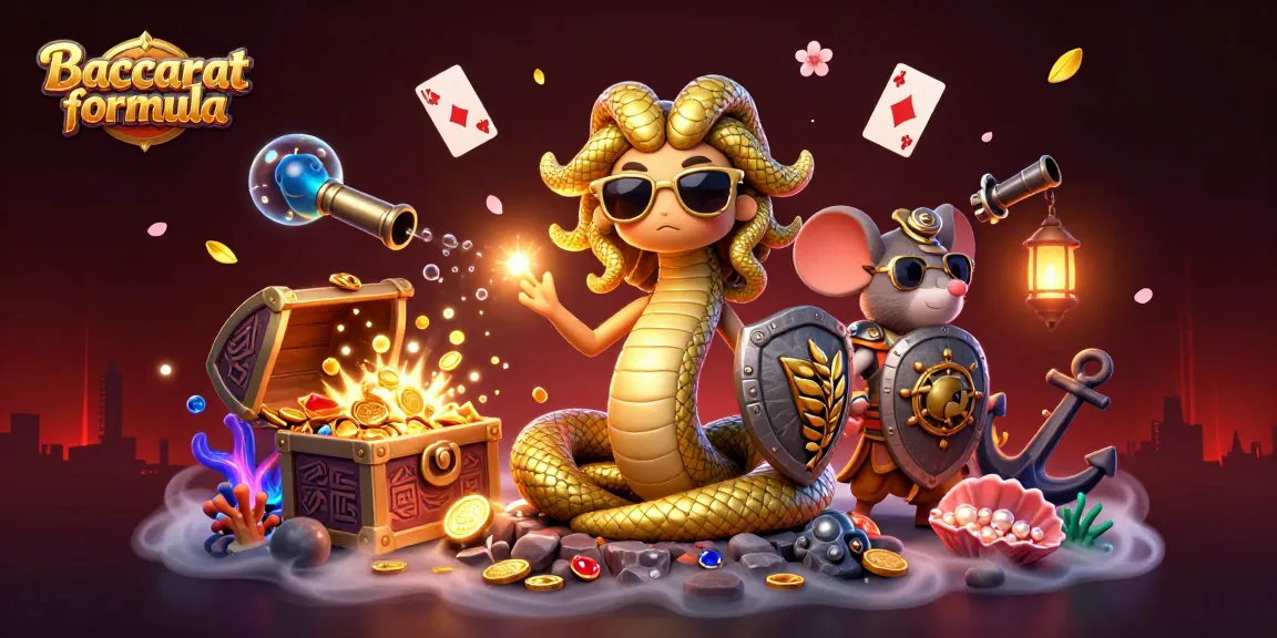 Win using the Baccarat formula in a vibrant 3D scene featuring Medusa and a warrior mouse.