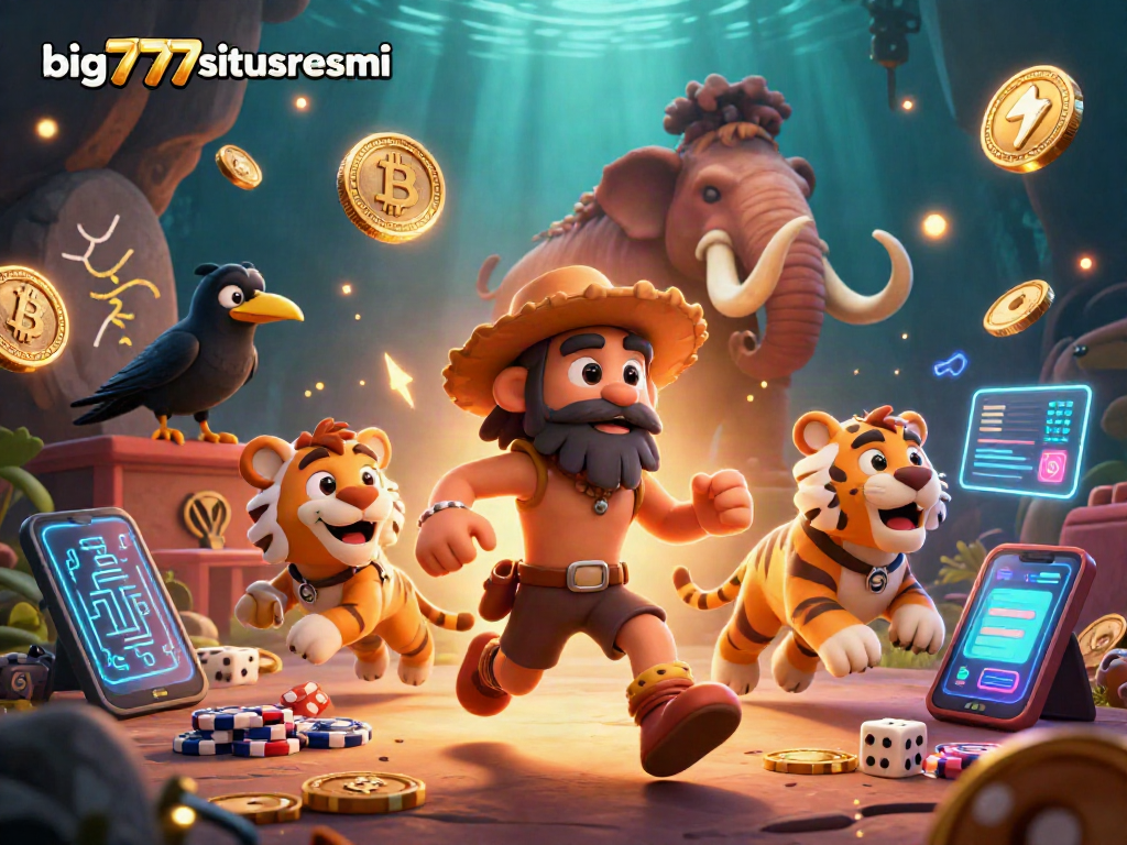 Experience the excitement of big777situsresmi with a vibrant prehistoric casino scene featuring cavemen and digital currencies.