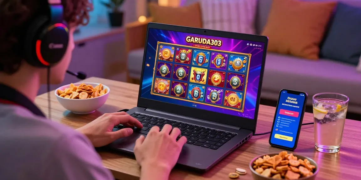 Player engaging with GARUDA303 online slot platform at home with games displayed, lively atmosphere and snacks.