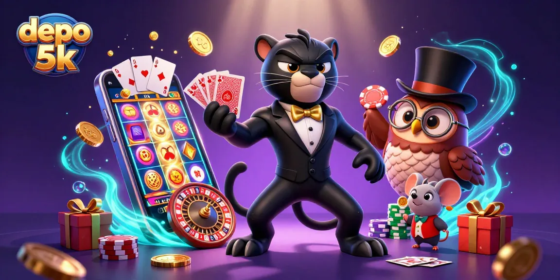 Experience thrilling wins with depo 5k, a vibrant casino scene featuring a stylish black panther and friendly characters.