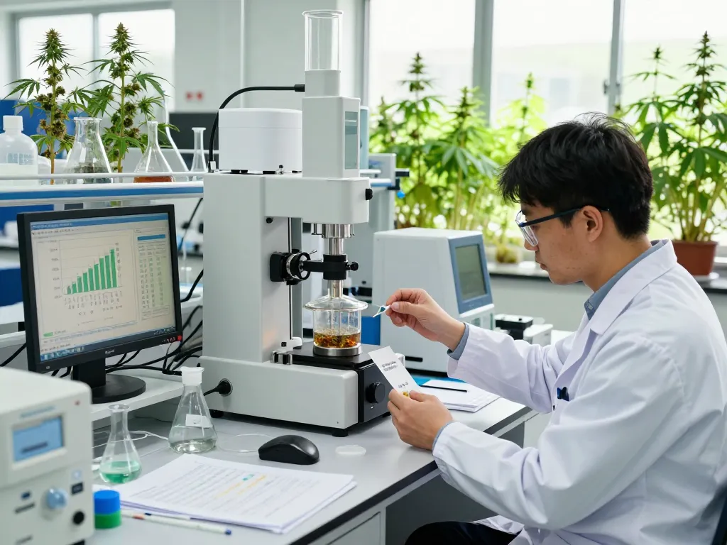 Cannabinoid manufacturer Europe lab scene with scientists analyzing hemp extracts in a modern facility.