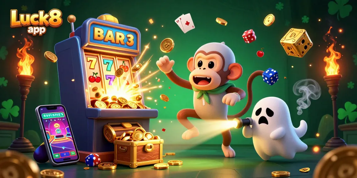 Experience gaming excitement with the Luck8 app, as thrilling golden jackpot coins and playful characters fill the scene.